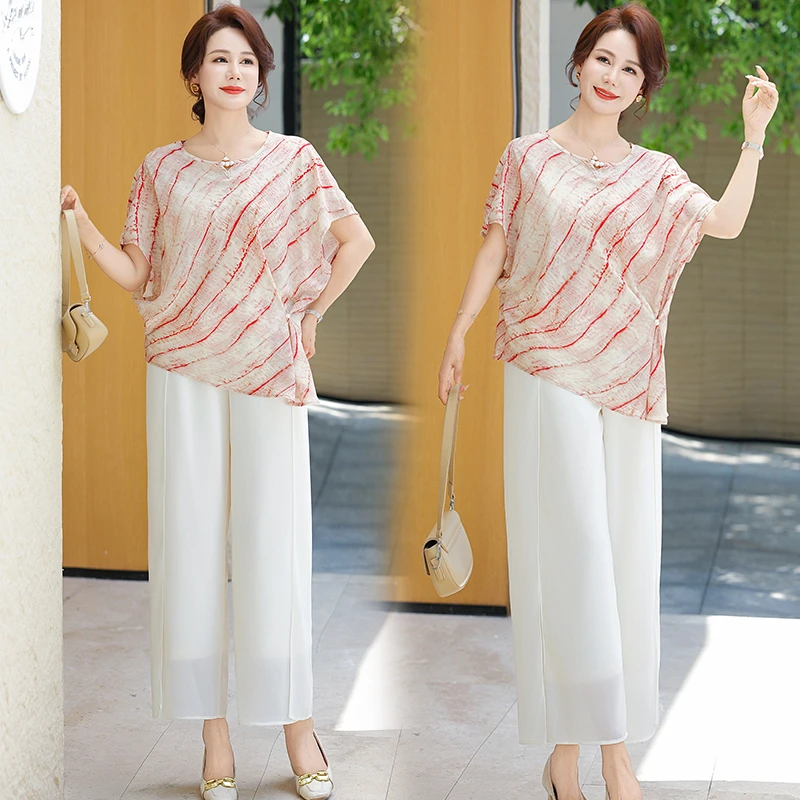 妈妈夏装短袖T恤上衣中老年人衣服夏季女装薄款条纹小衫套装宽松