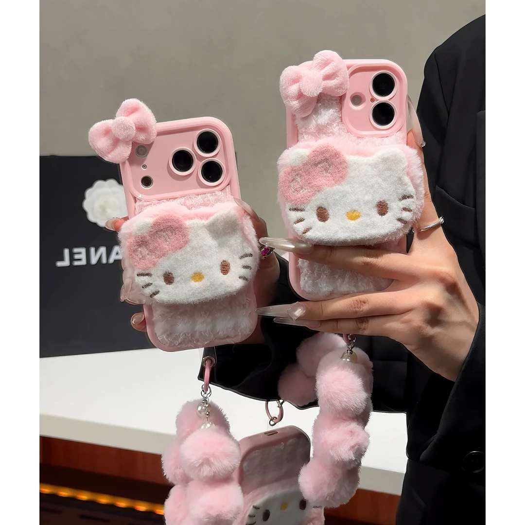 雅天立秋冬毛绒KT猫适用苹果17手机壳华为P70挂绳vivo小米15oppo
