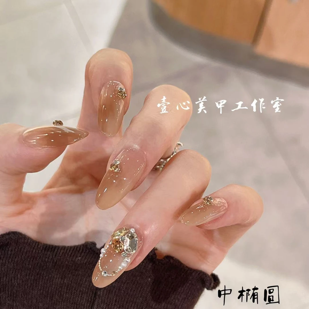 纯手工定制穿戴甲 炊烟袅袅美甲贴片可拆卸假指甲贴10片琥珀色