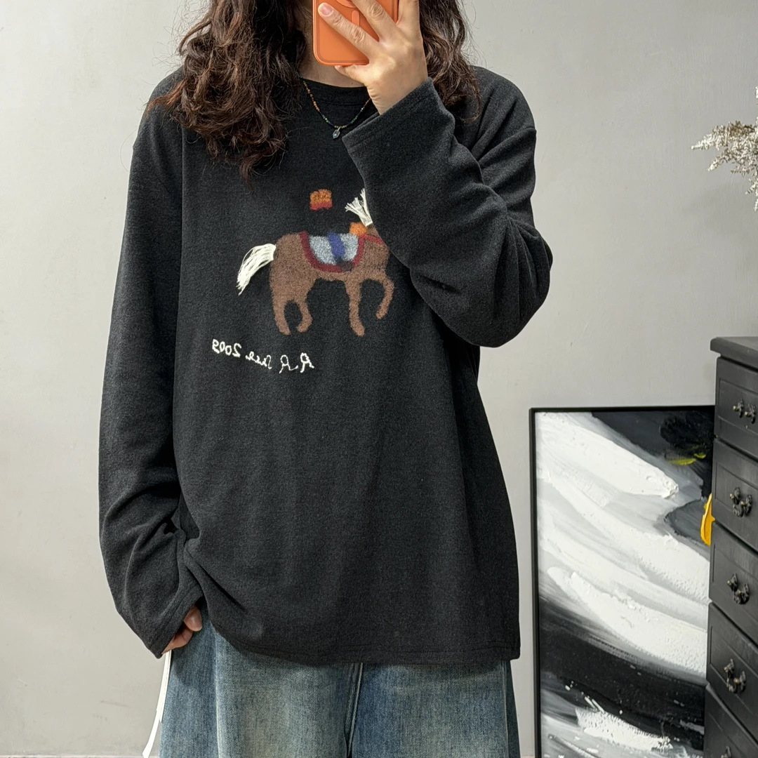 12127春季打低休闲印花圆领套头宽松百搭长袖韩版慵懒复古显瘦款.