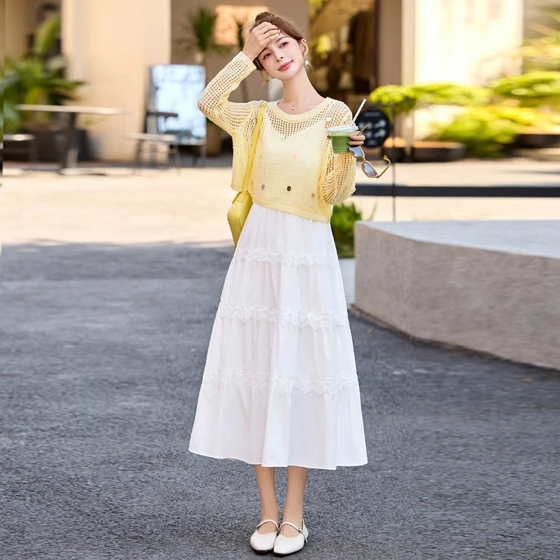 时尚穿搭两件套装洋气衣服女夏季新款镂空针织衫蕾丝显瘦吊带裙子