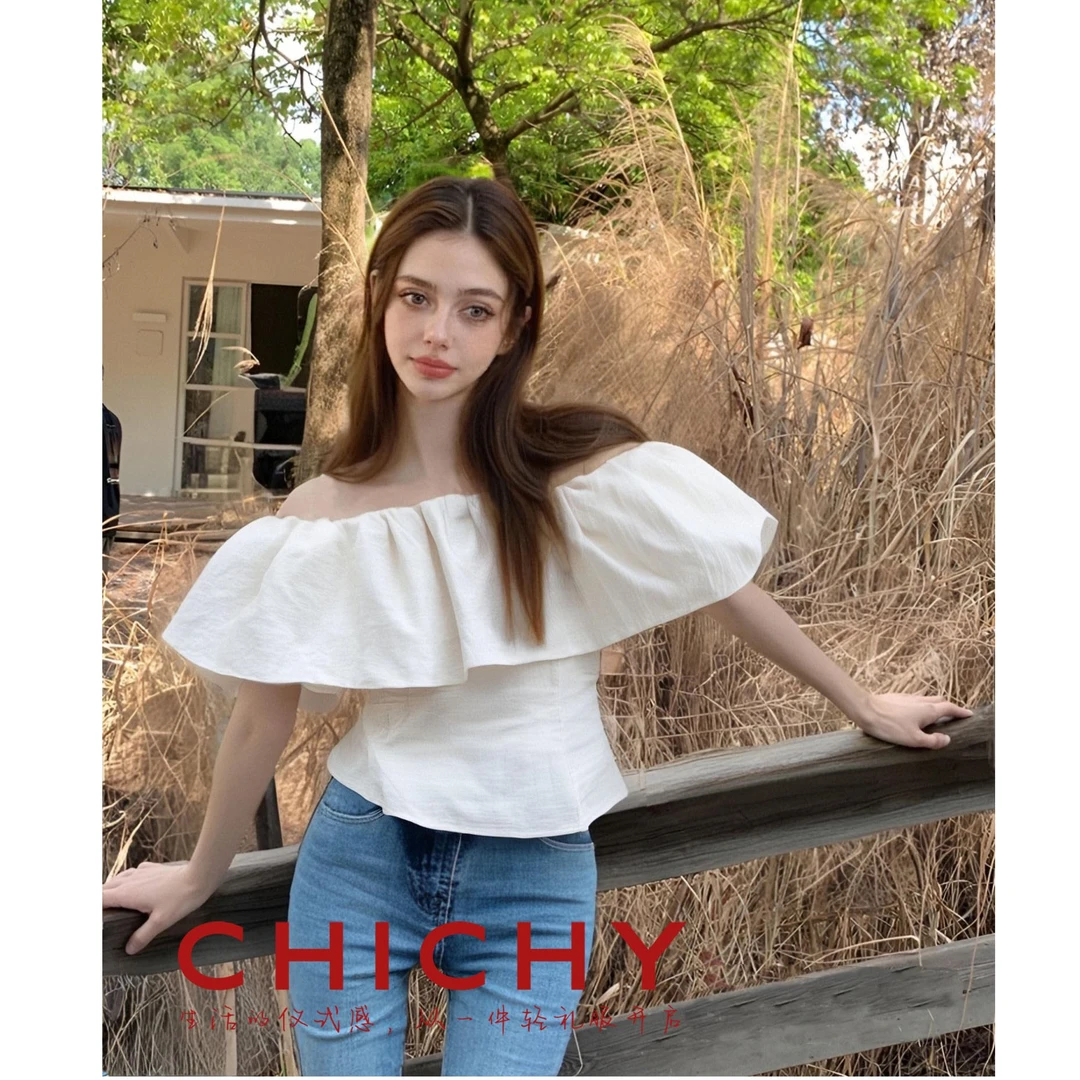 【诗语专属】CHICHY一字肩甜美荷叶边上衣衬衫CB1D003252