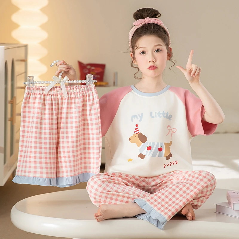 bejirog/北极绒小女孩夏季纯棉圆领时尚三件套大童短袖可外穿睡衣