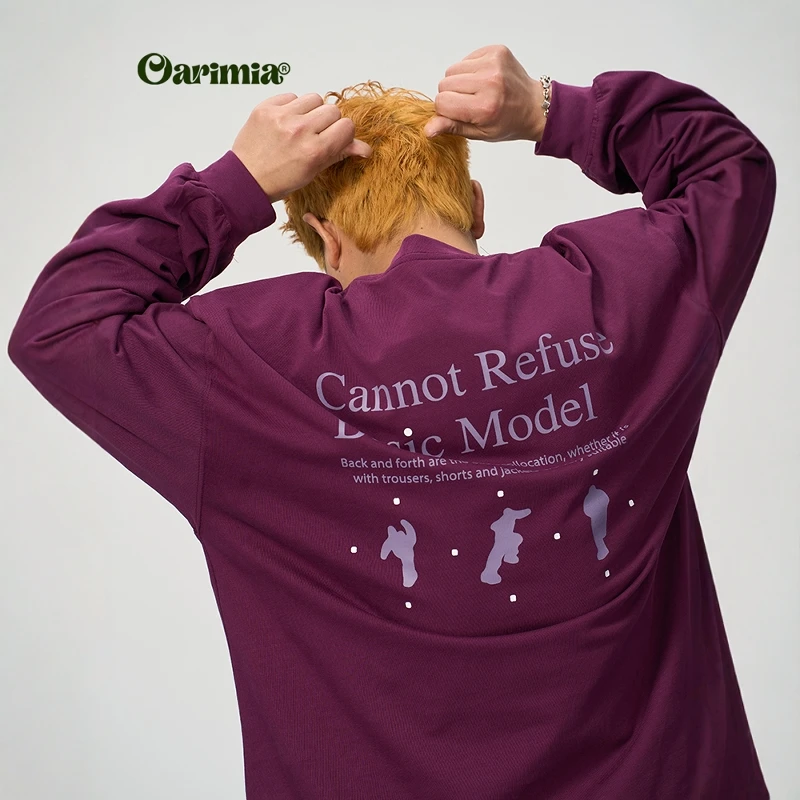 Oarimia日系复古重磅水洗字母印花宽松长袖T恤男女春季上衣