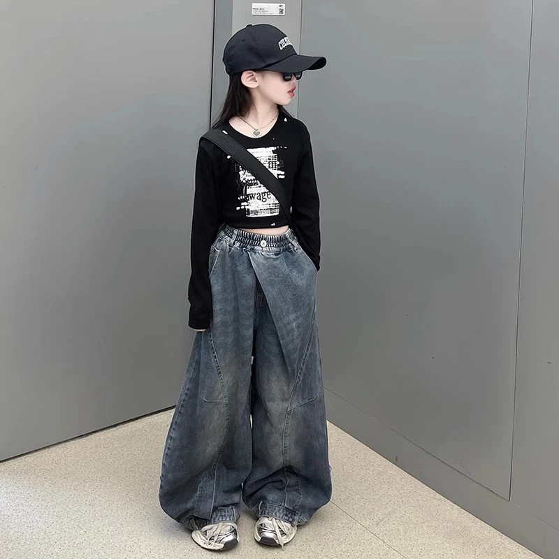 女童美式做旧脏脏裤水洗弯刀牛仔裤潮牌街头小众宽松反转腰阔腿裤