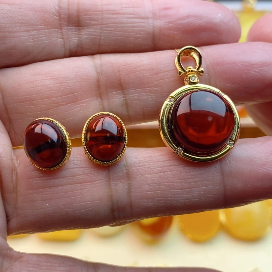 琥珀颈饰银S925镀金镶嵌一套