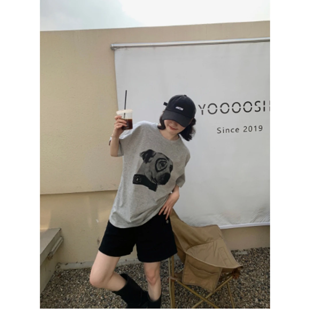 【清苍】百搭小狗印花T恤女2025夏季新款圆领显瘦宽松短袖上衣