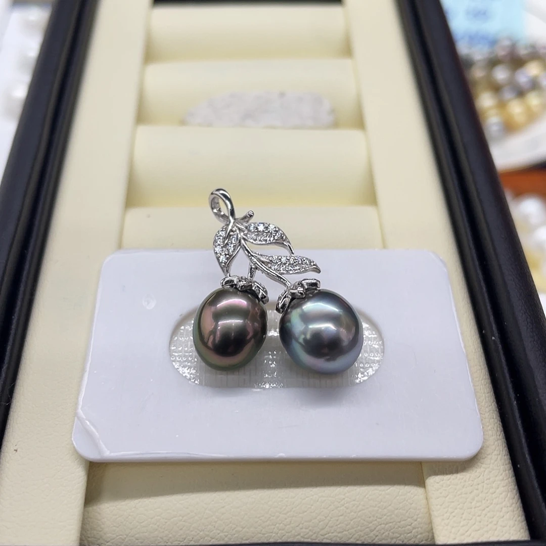 海水珍珠银S925镶嵌颈饰双珠炫彩樱桃吊坠9-10m