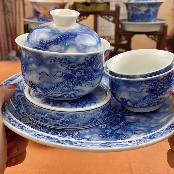 陶摆件青花龙吸水五件套