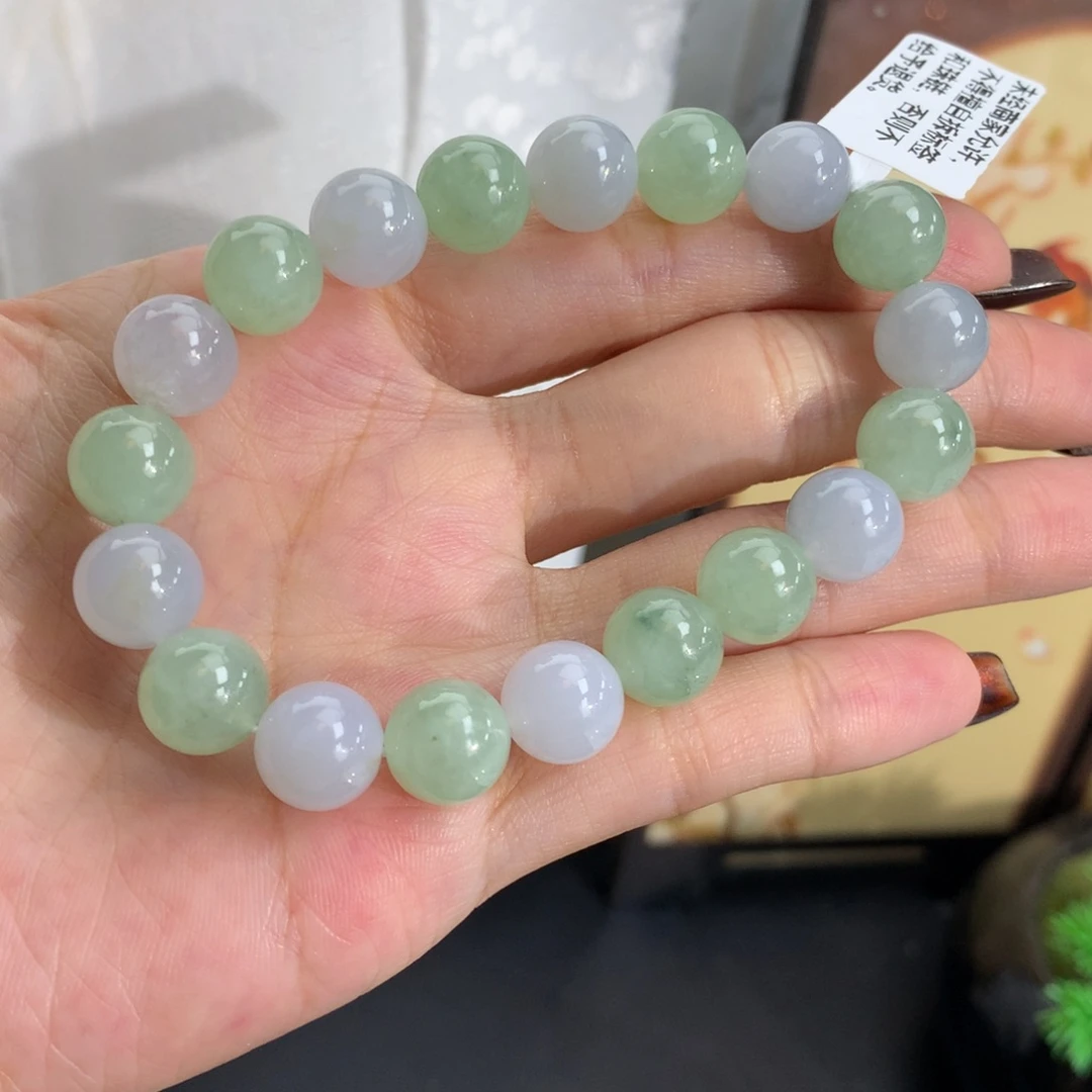 翡翠未镶嵌手串卡9.9胶润双彩飘花手串