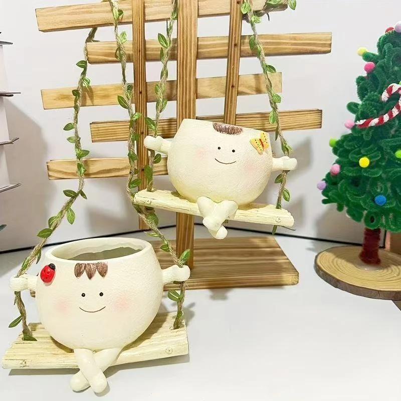 多肉笑脸荡秋千花盆摆件装饰品庭院个性盆栽创意可爱阳台花园院子