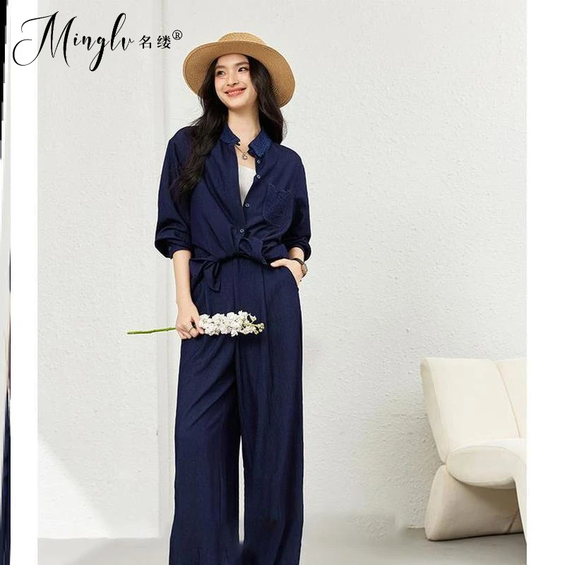 名缕藏青色复古通勤牛仔套装女2025秋季新款翻领上衣长裤两件套