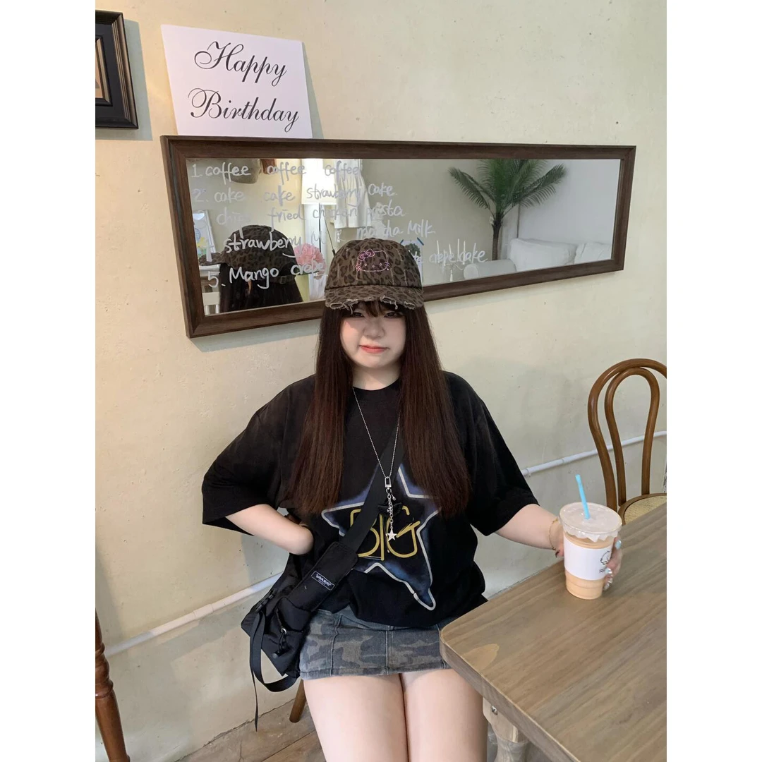 梦晓灵美式高级感黑色正肩t恤女2025新款宽松休闲上衣