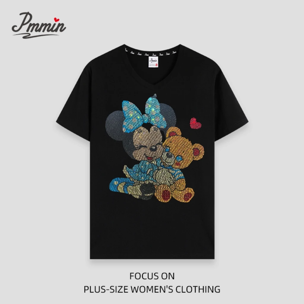 pmmin【米妮抱熊】女装大码V领烫钻短袖T恤 夏季烫钻