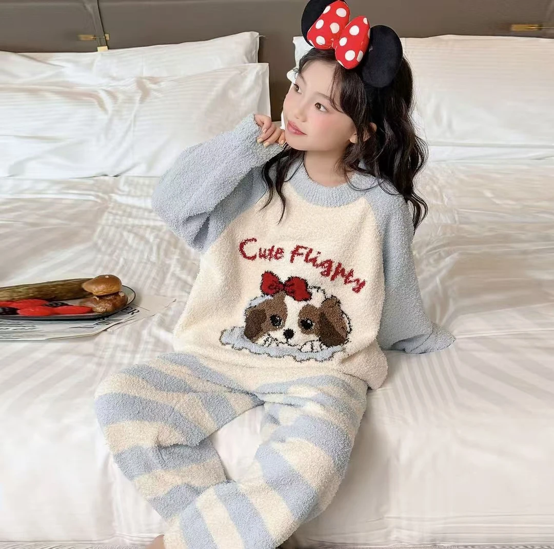 女童睡衣半边绒2025新款初中生冬季加绒加厚套装亲子半边绒家居服