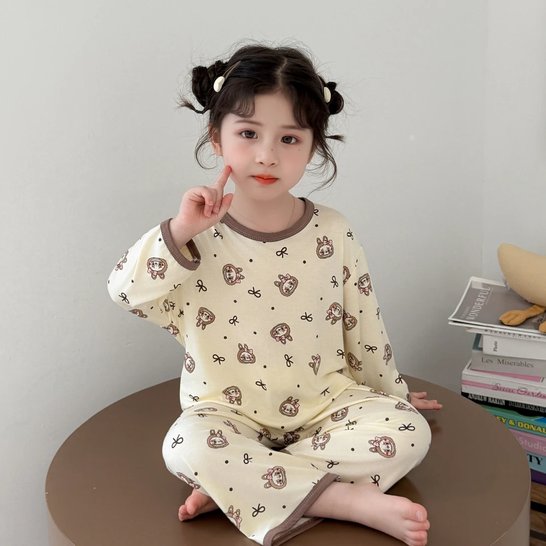儿童睡衣春秋款卡通拉布布莫代尔长袖长裤套装2025新款女宝空调服