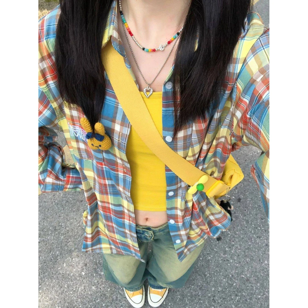 【陈大钰】春夏新款多巴胺彩色格纹长袖衬衫女2025潮流百搭上衣外套