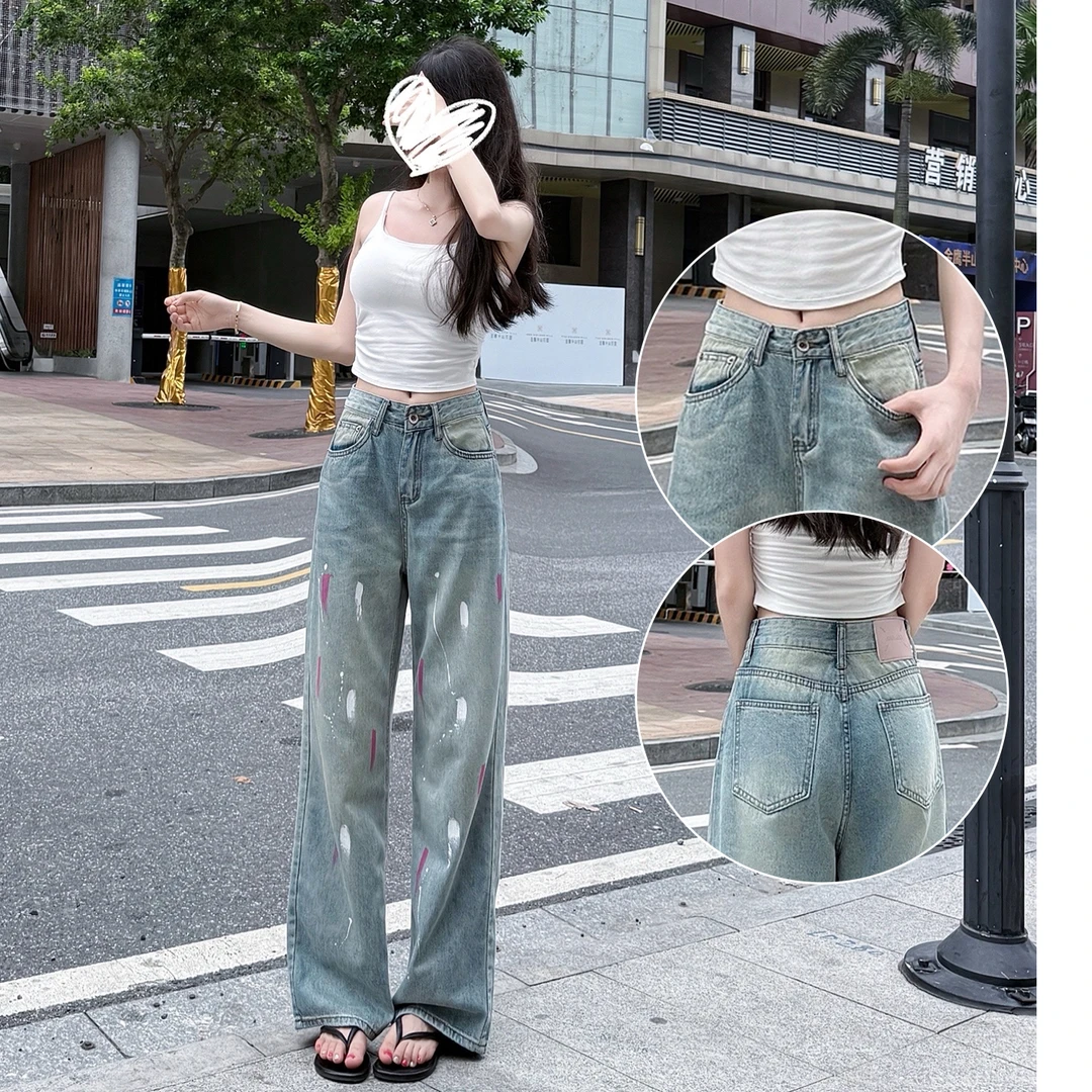 浅蓝泼墨直筒牛仔裤女2025夏季新款涂鸦百搭拖地宽松阔腿长裤爆款