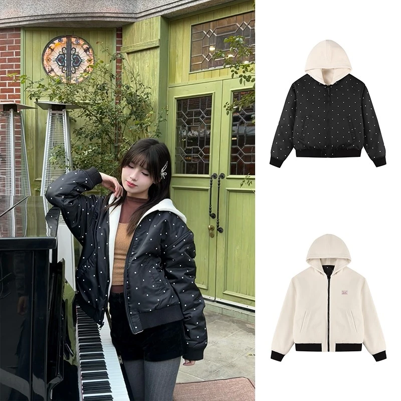 AlexiaSandra 25冬季新款波点颗粒绒双面短帽衫外套 250225