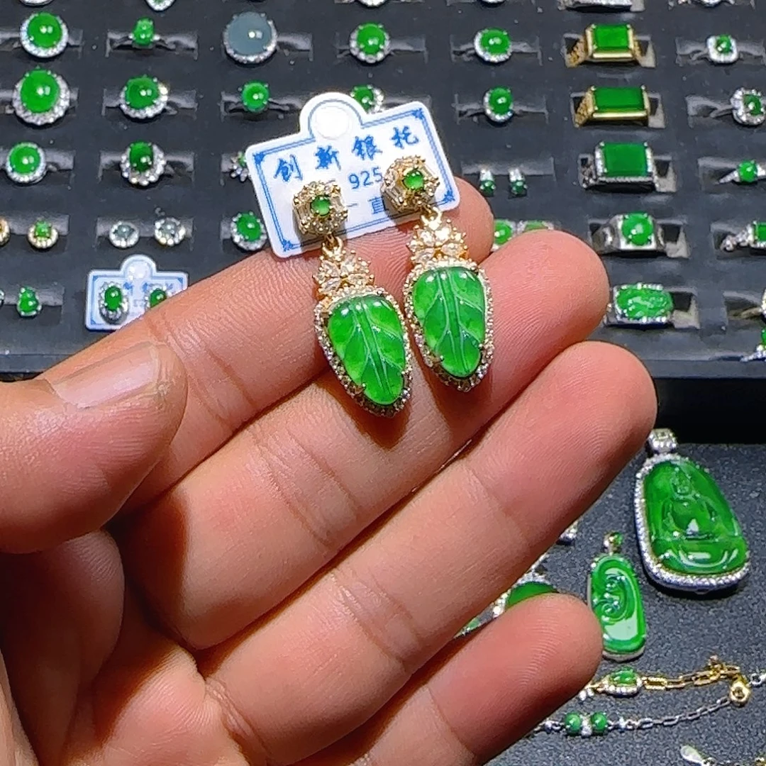 翡翠银S925镀金镶嵌耳饰