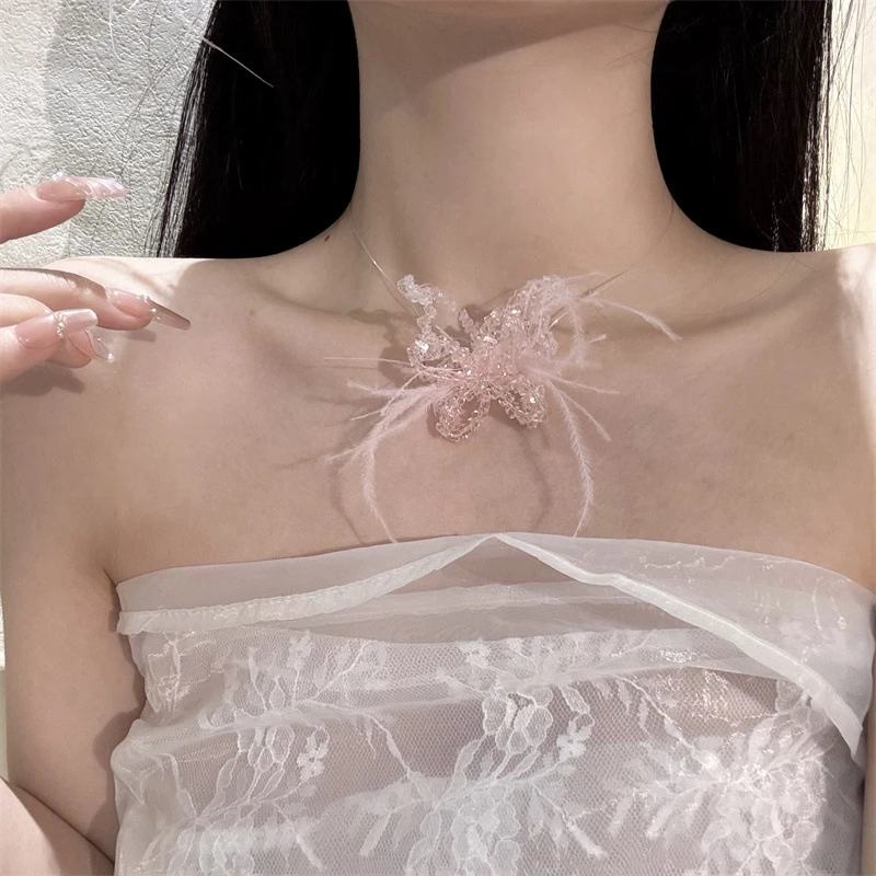 15332喜看优选蝴蝶羽毛项链女粉色韩版耳夹甜美韩式新娘饰品配饰