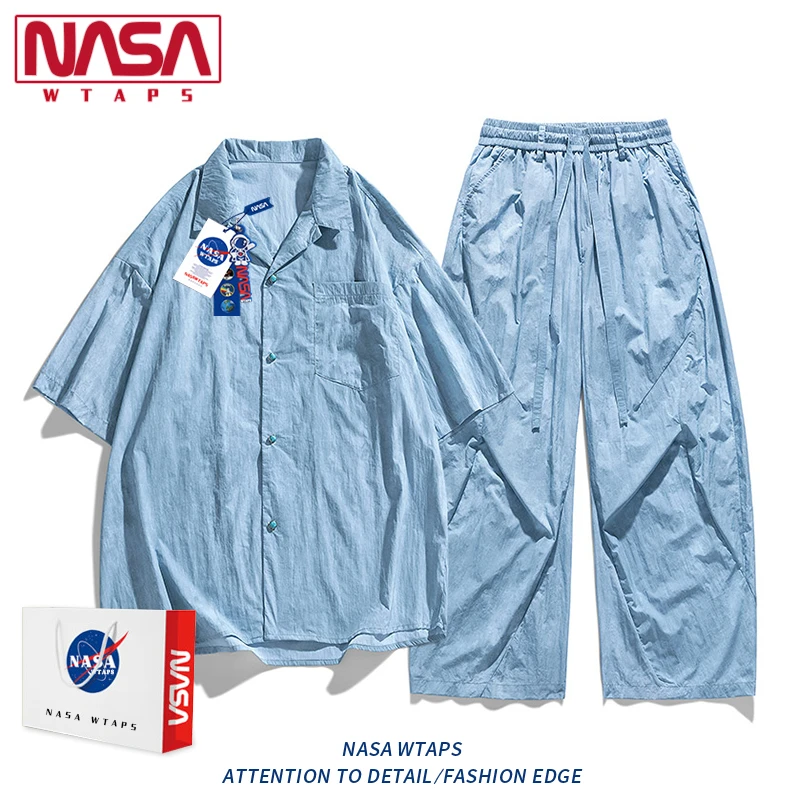NASA WTAPS美式冰丝休闲运动套装男款夏季宽松衬衫长裤潮牌两件套
