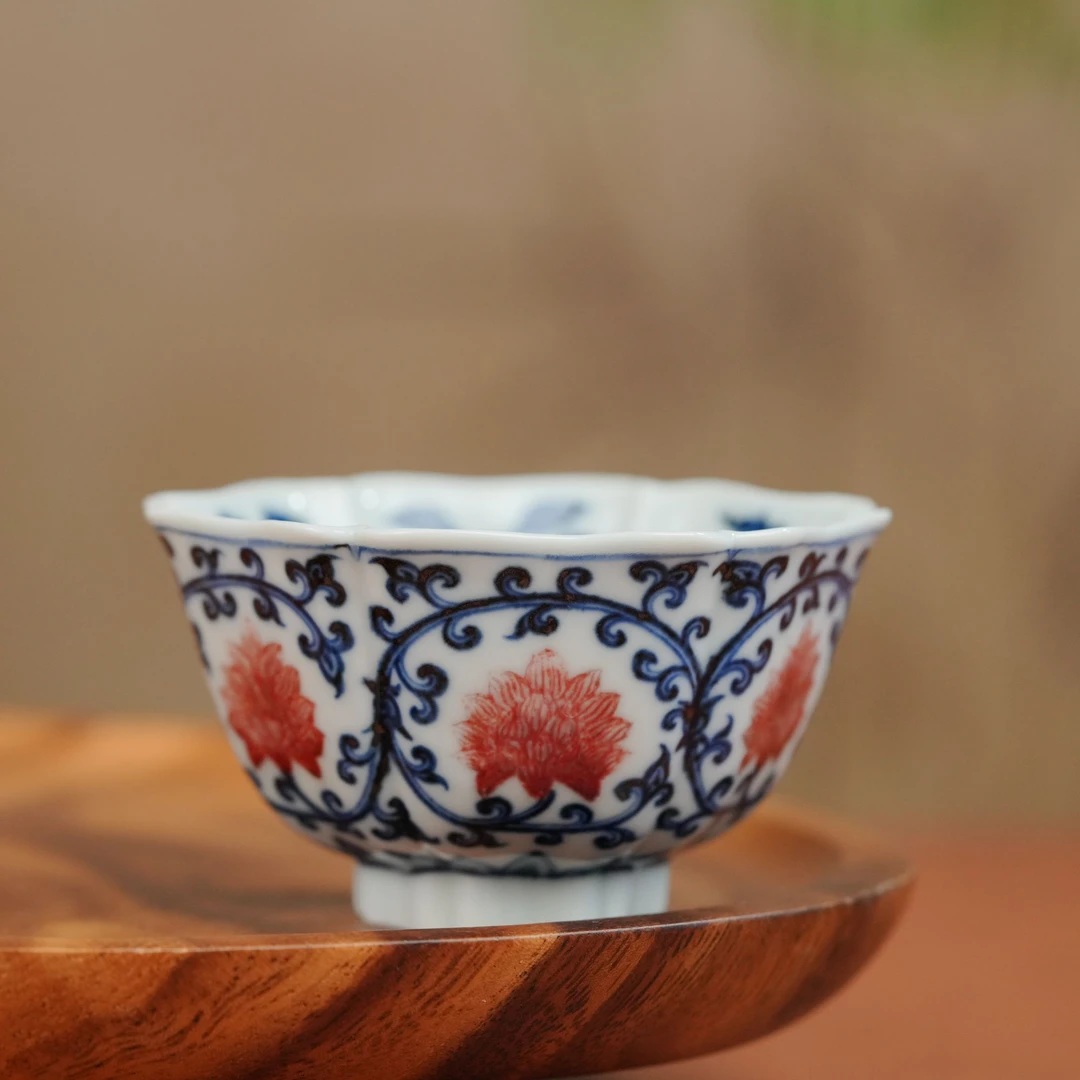 屹朴青花釉里红金刚莲六方杯YP040手绘陶瓷主人杯