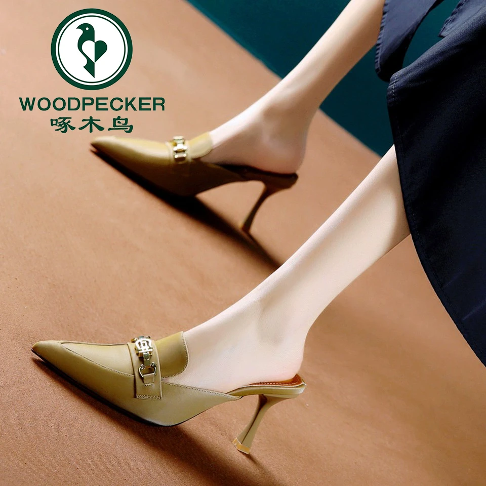 啄木鸟凉拖女尖头高跟鞋2025春夏季新款百搭气质细跟包头拖鞋外穿