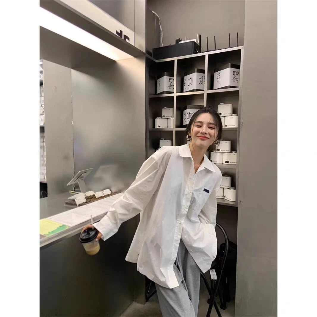 B33#法式慵懒长袖衬衫外套女Polo领百搭款宽松高级感衬衣（约65）