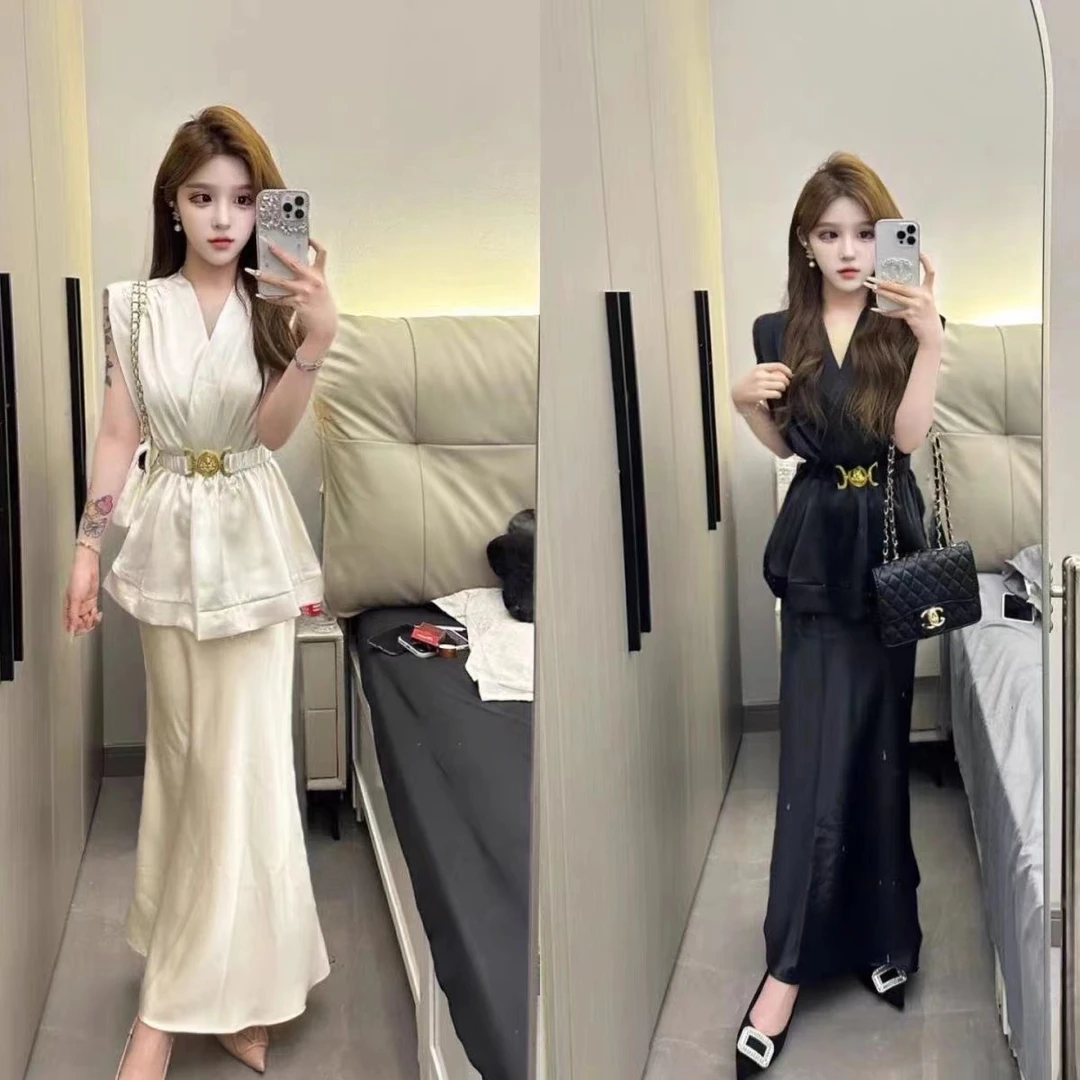 名媛缎面无袖衬衫女设计感小众夏纯欲v领蓬蓬绝美衬衣背心8001#