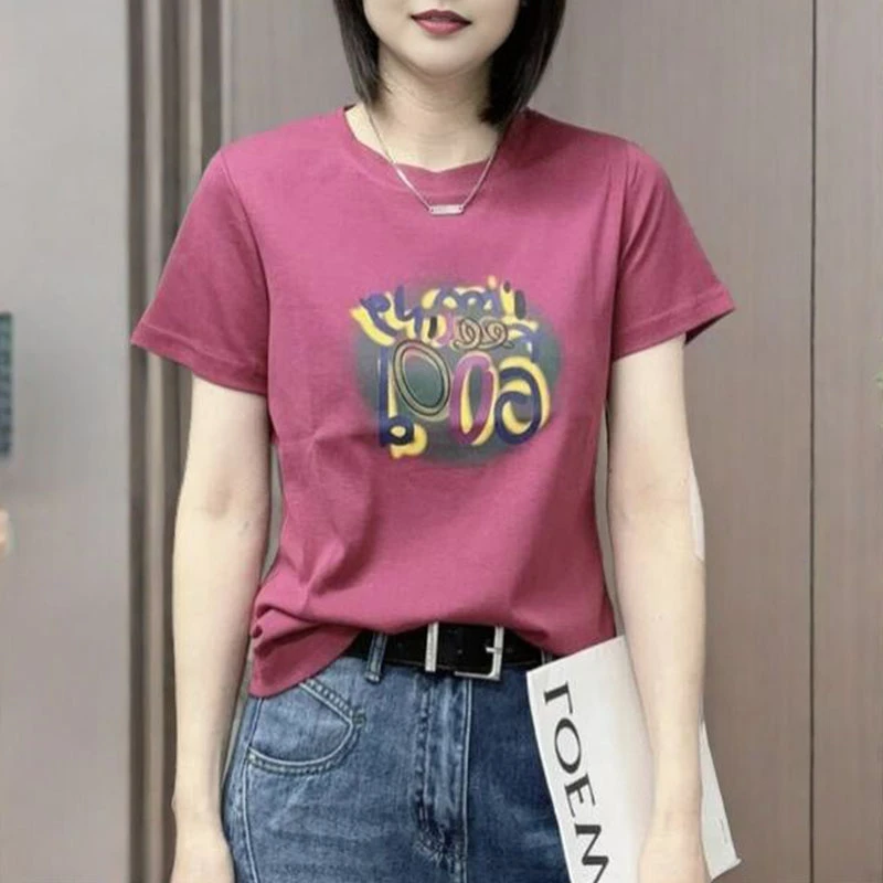 夏季短袖T恤女2025新款韩版时尚字母印花洋气百搭圆领女装上衣潮