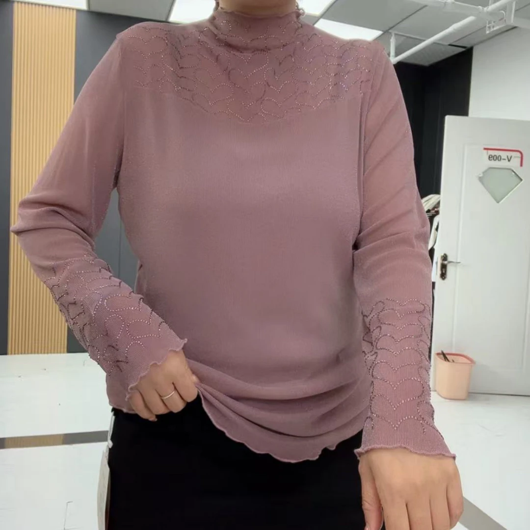 春秋款女士显瘦透气半高领长袖时尚女网红洋气百搭镂空修身-3154