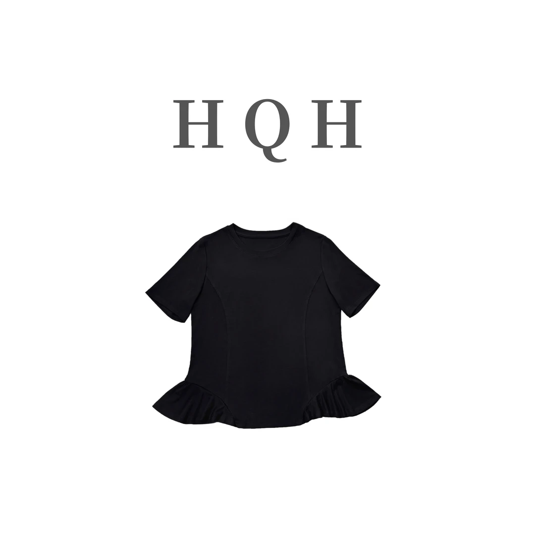 『1329#』高级设计感轻盈不规则别致拼接荷叶边正肩宽松显瘦圆领T恤