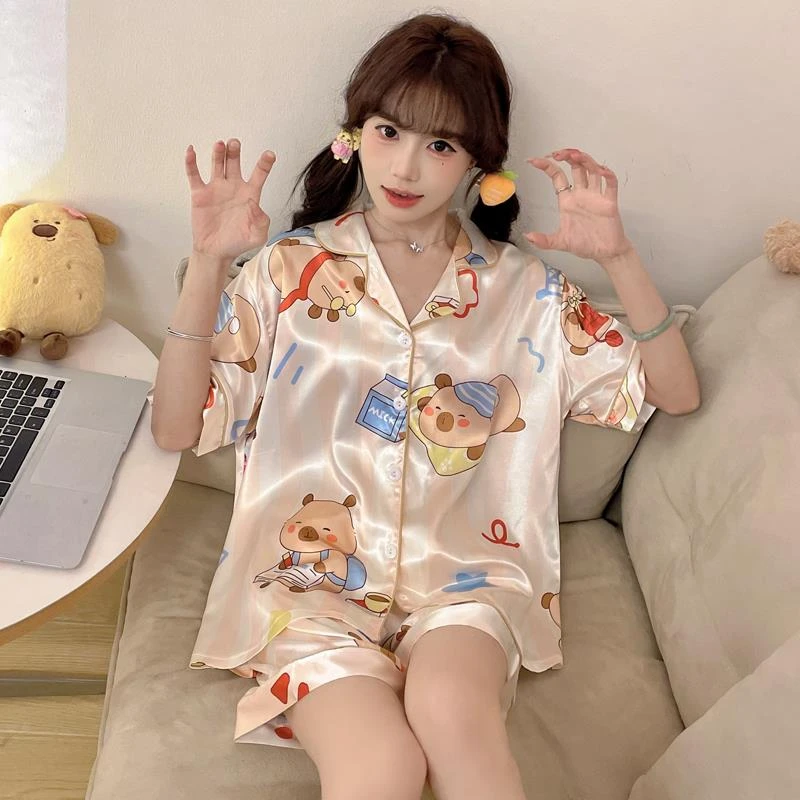 FAVMARTHA冰丝凉感睡衣女夏季2025新款卡皮巴拉女童短袖薄款家居