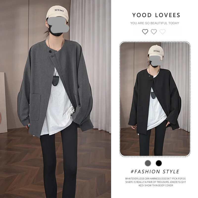 春秋新款独特超好看韩里韩气的老钱风复古宽松休闲阔版灰色外套女