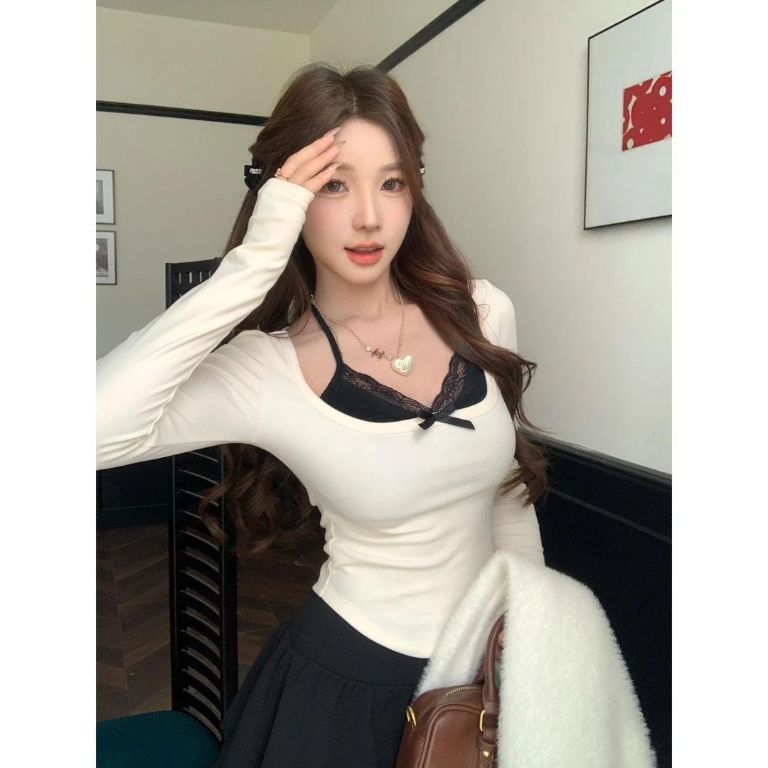 【彤彤推荐】纯欲风椰蓉蕾丝拼接上衣秋冬打底衫修身掐腰蝴蝶结V领