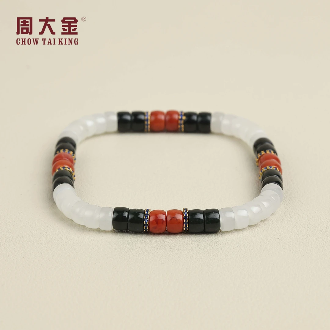 【周大金玉石】S925和田玉白玉直切手串-S4922-鹤