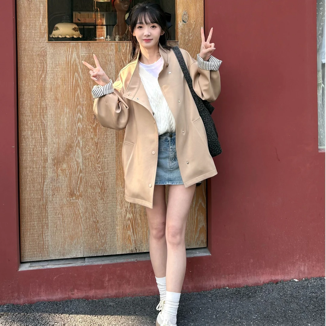 HSTYLE/韩都衣舍法式撞色拼接设计感风衣春季新款休闲风外套25247