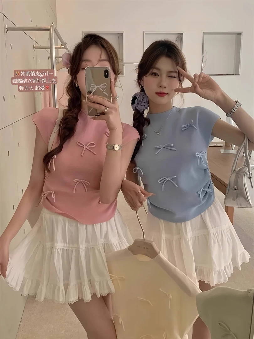 温柔风蝴蝶结短袖针织衫女夏设计感褶皱修身小飞袖别致显瘦吊带