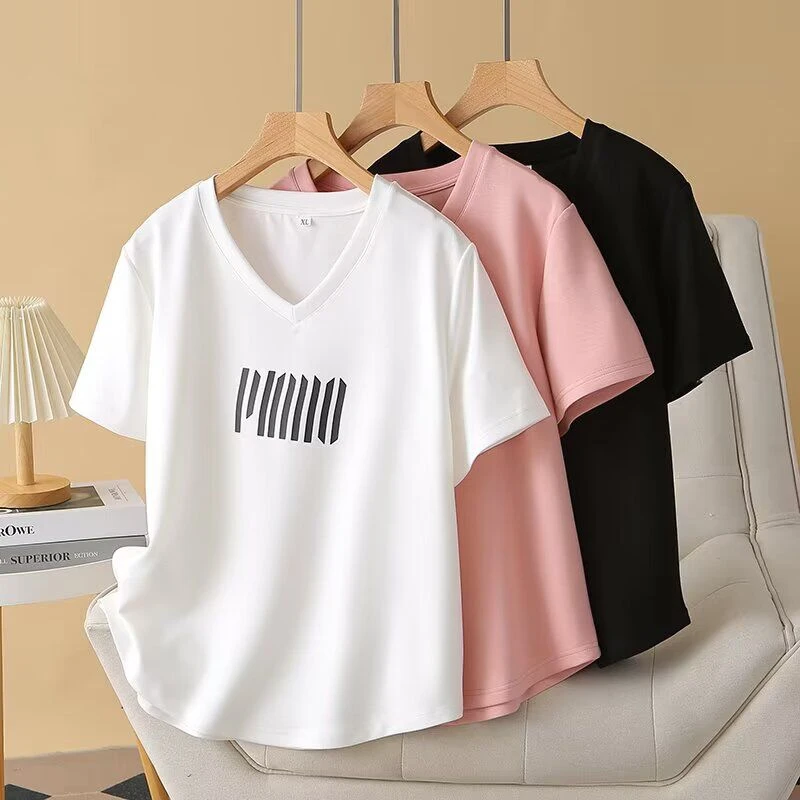 2025年新款夏季粉红t恤女短袖V领宽松鸡心领显瘦半袖正肩短款上衣
