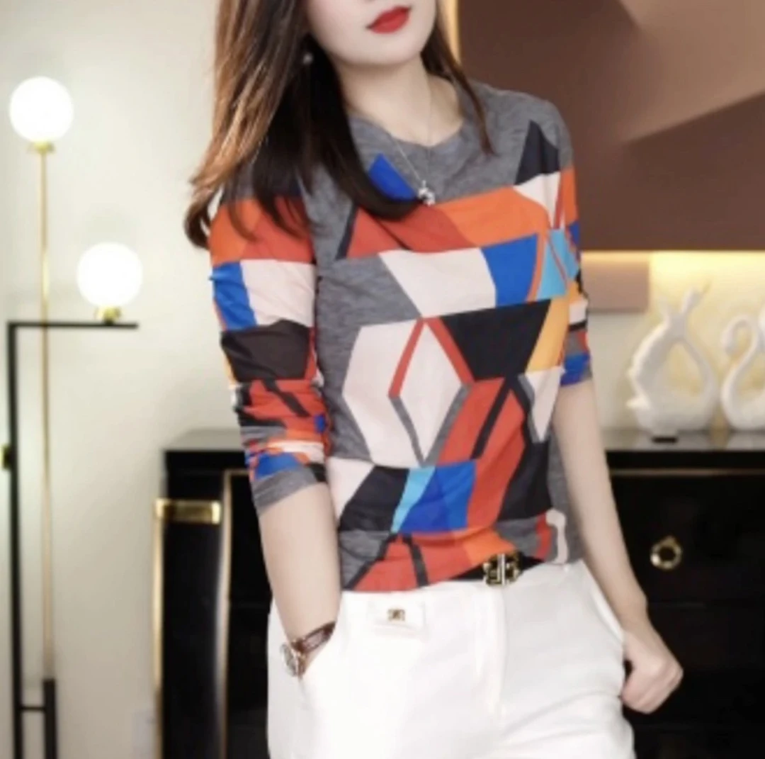 早春修身几何拼色印花圆领纱网长袖T恤网红显瘦休闲打底A1008