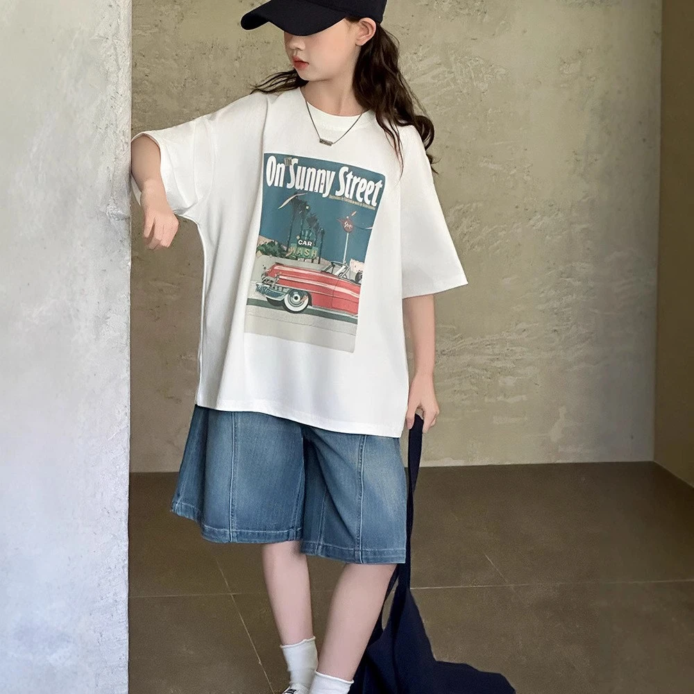 女童纯棉短袖T恤夏季2025新款6-12岁小女孩牛仔五分裤透气排汗