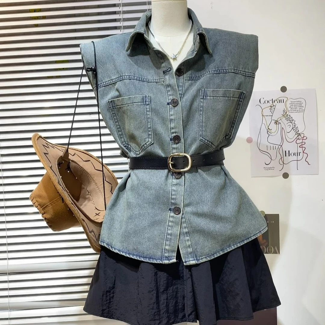 2025夏季新款牛仔马甲女韩系洋气宽松polo领垫肩无袖水洗半裙套装