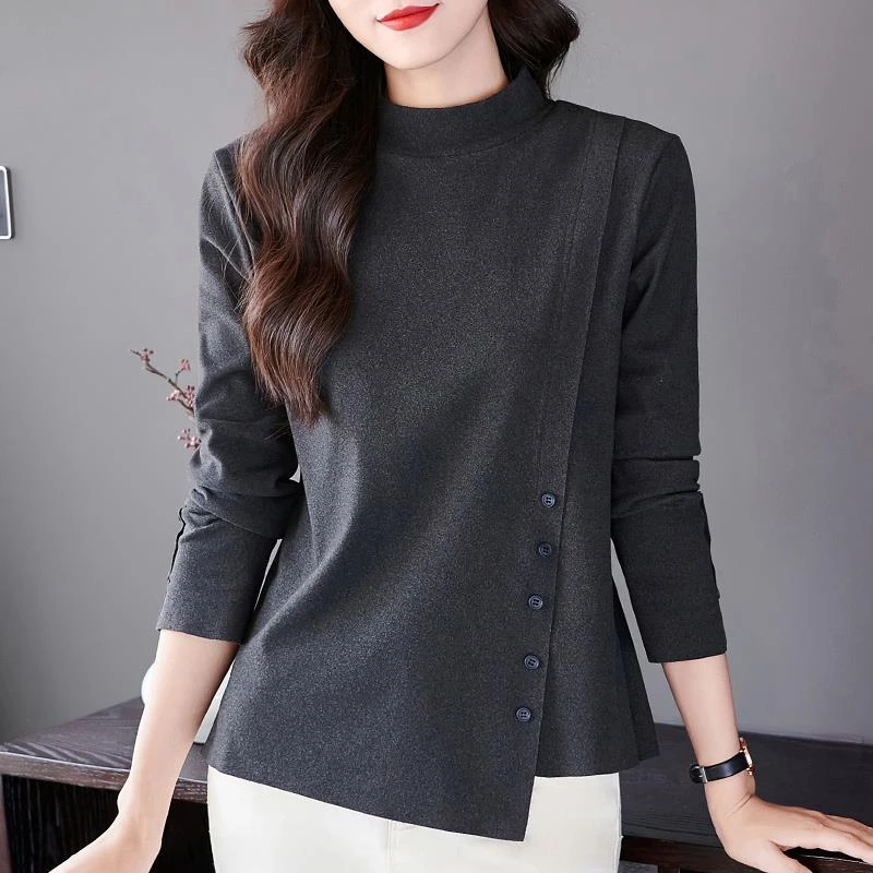 德绒打底衫女装2025秋冬新款半高领内搭长袖T恤大尺码不对称上衣