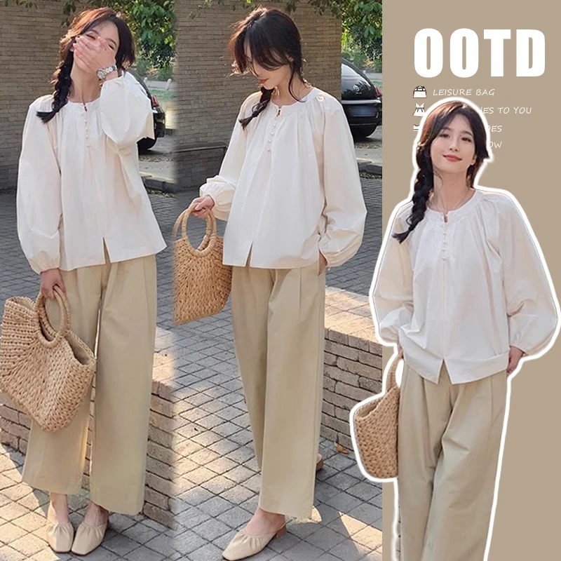 2025春装简约时尚气质通勤时尚减龄衬衫+卡其色直筒高腰托腹裤
