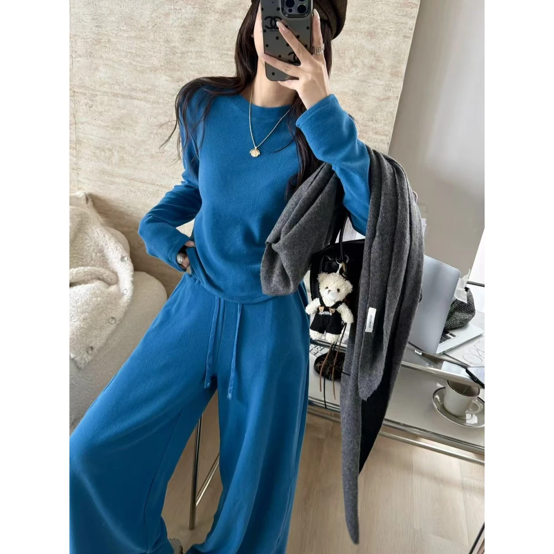 SP【冬日爱情海】超显瘦收腰圆领长袖上衣松紧腰阔腿裤保暖休闲套装