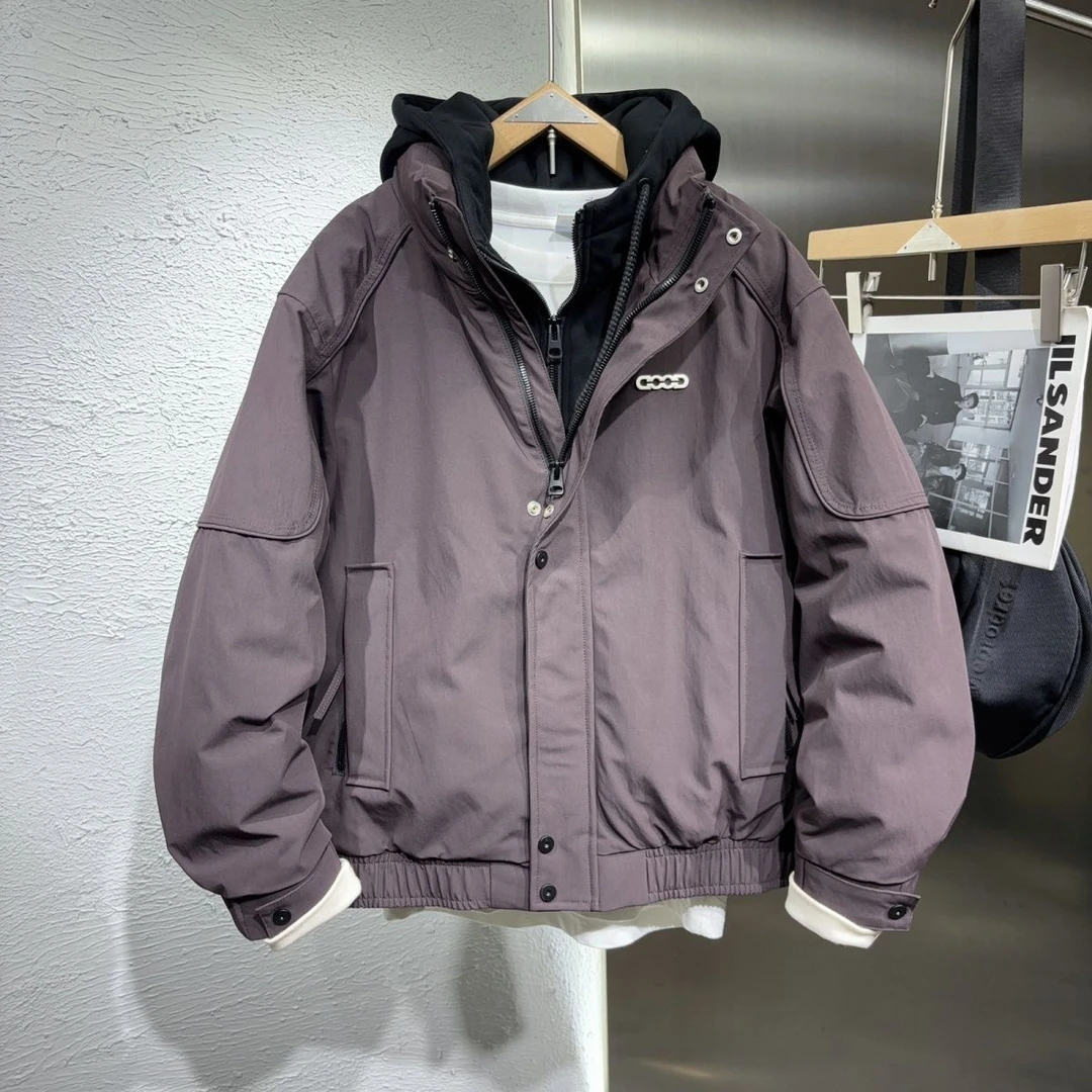 假两件棒球服羽绒服男冬季潮牌连帽加厚保暖冬装外套536