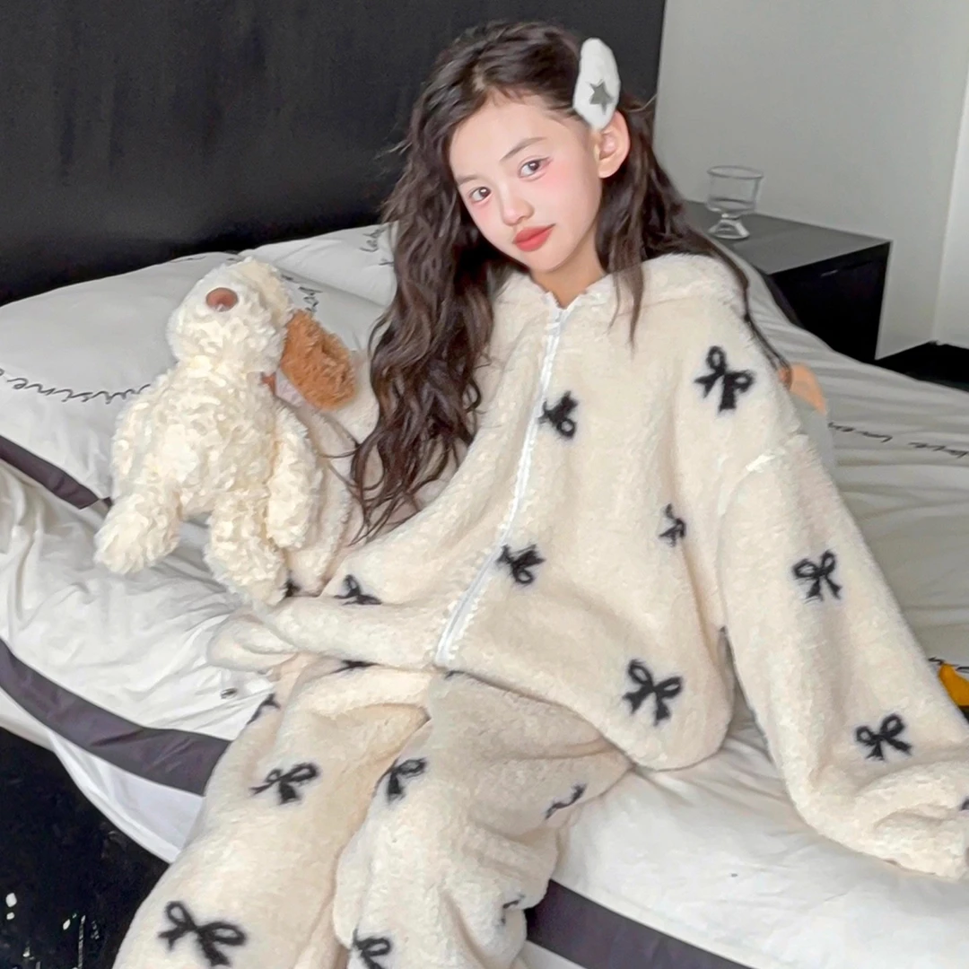 儿童加厚睡衣2025新款初中生冬装韩版珊瑚绒家居服女大童保暖套装