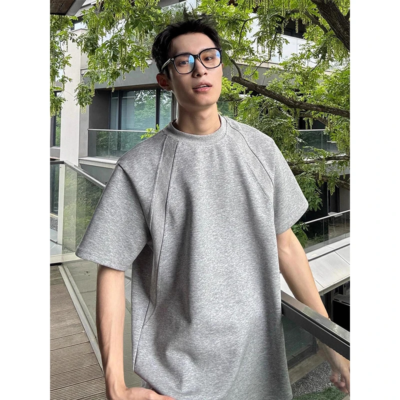 灰色小领口boxy短袖男款夏季美式复古太空棉t恤重磅硬挺内搭半袖