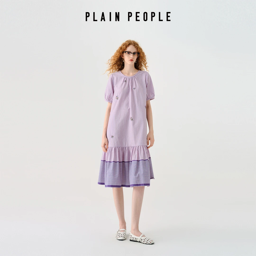 PLAIN PEOPLE田园风浪漫出游淡彩条格绣花拼接连衣裙女甜美宽松夏